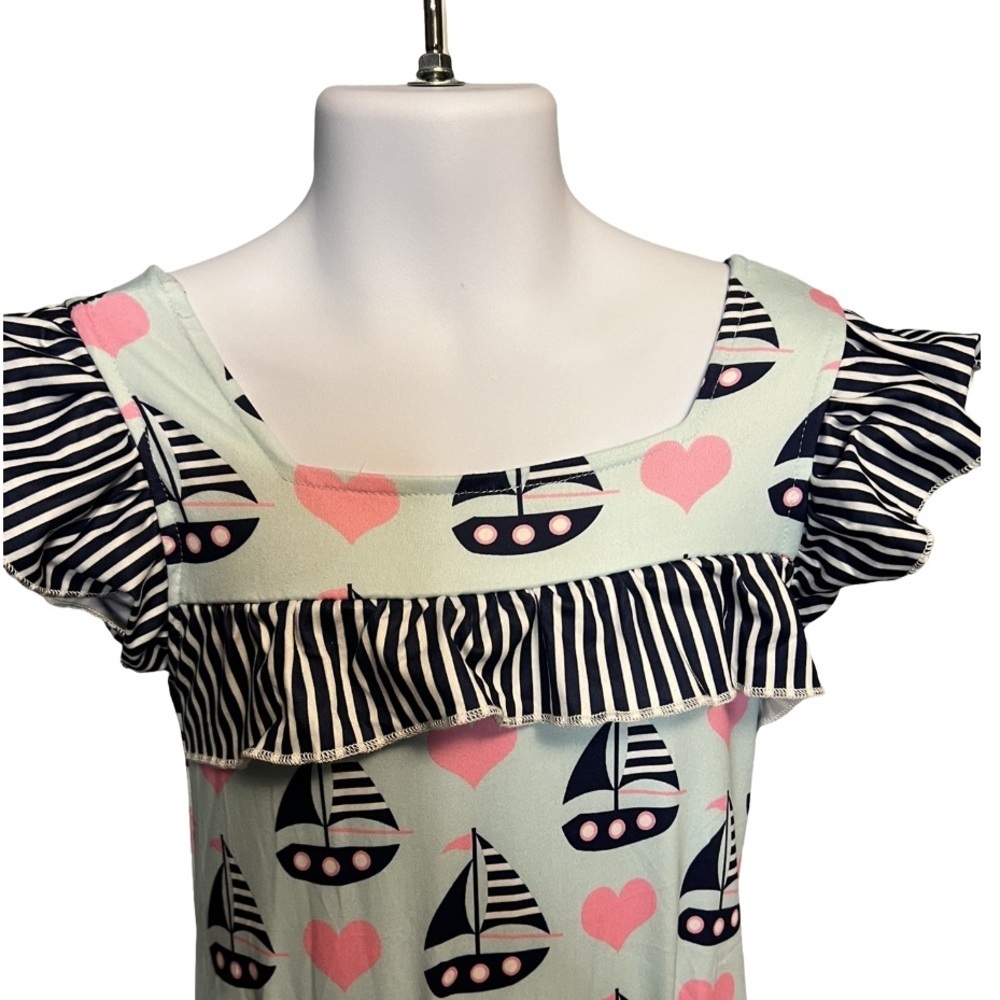 Pete and Lucy Blue Sailboat and Pink Heart Short Sleeve Romper with Ruffles NWT - Picture 2 of 4